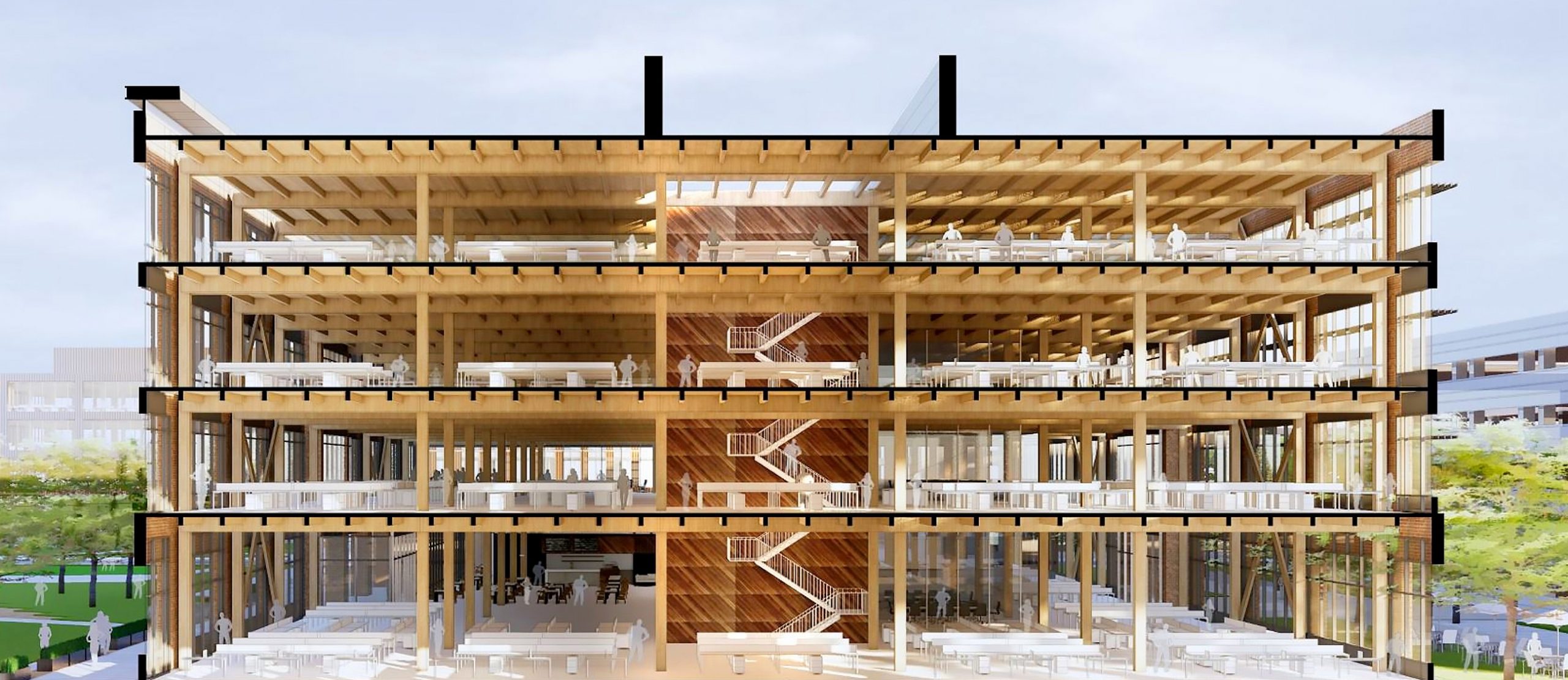A concept drawing of Walmart's mass timber headquarters