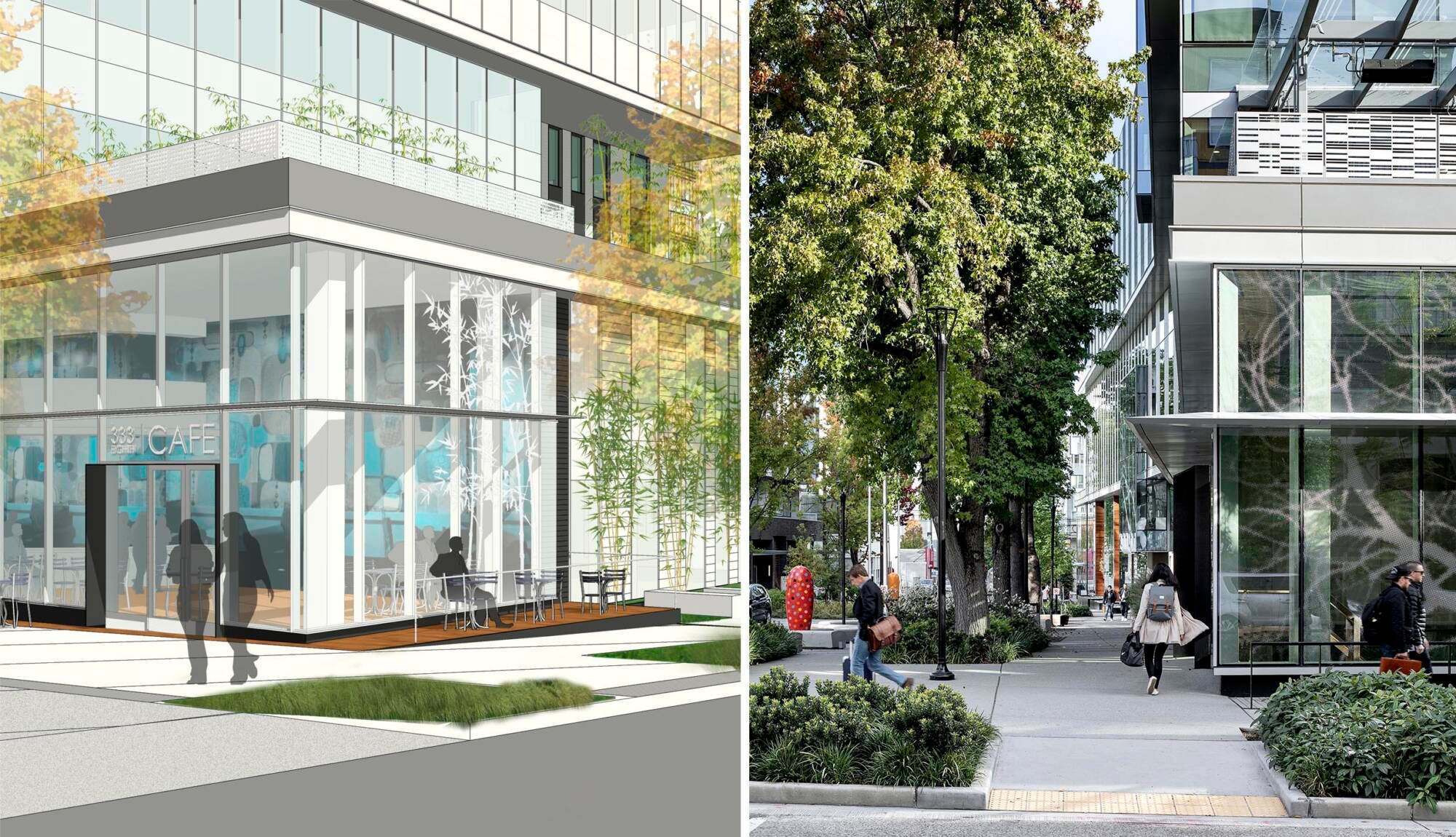 Left: Design drawing of digitally printed glass concept. Image: Graphite Design Group Right: Final installation highlighting area of tree graphic on glazing