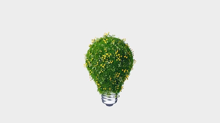 A 3D rendering of light bulb covered with green grass and blooming yellow flowers against light gray background