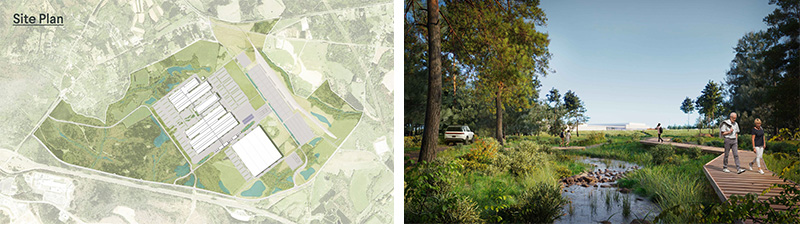 Rivian - Rendering Composite image with left panel showing site plan of Rivian’s Stanton Springs North EV plant in Georgia and right panel showing rendering of landscaped creekside boardwalk near the future factory.