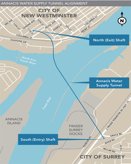 Water-Supply-Line-Map Map of the Annacis Water Supply Tunnel alignment under the Fraser River connecting New Westminster and Surrey.