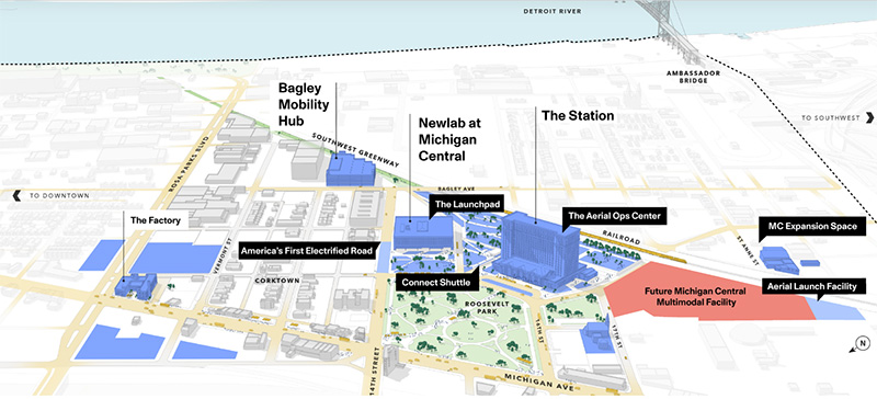 Area-Map Map of Michigan Central campus showing future multimodal transit hub site in Detroit.