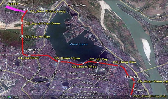 Hanoi-Metro-Line-2---MAP Map of Hanoi Metro Line 2 route from Nam Thang Long to Tran Hung Dao, highlighting stations and the tunnel section under the Old Quarter.