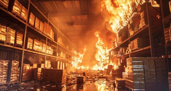 The fire quickly spreads through the warehouse, clouds of smoke and flames engulf stacked boxes