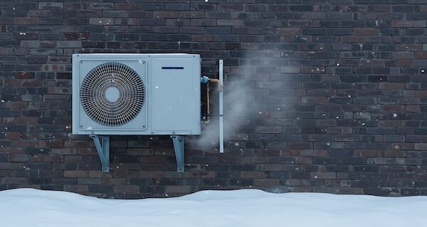 Air conditioning unit mounted on a brick wall in winter with snow.