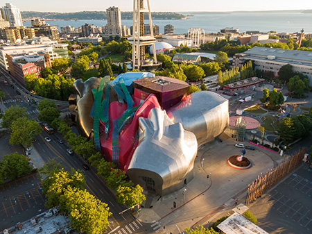 Aerial view of Seattle’s Museum of Pop Culture, showing the complex curved forms that were fabricated from Gehry’s early CATIA-based 3D digital models.